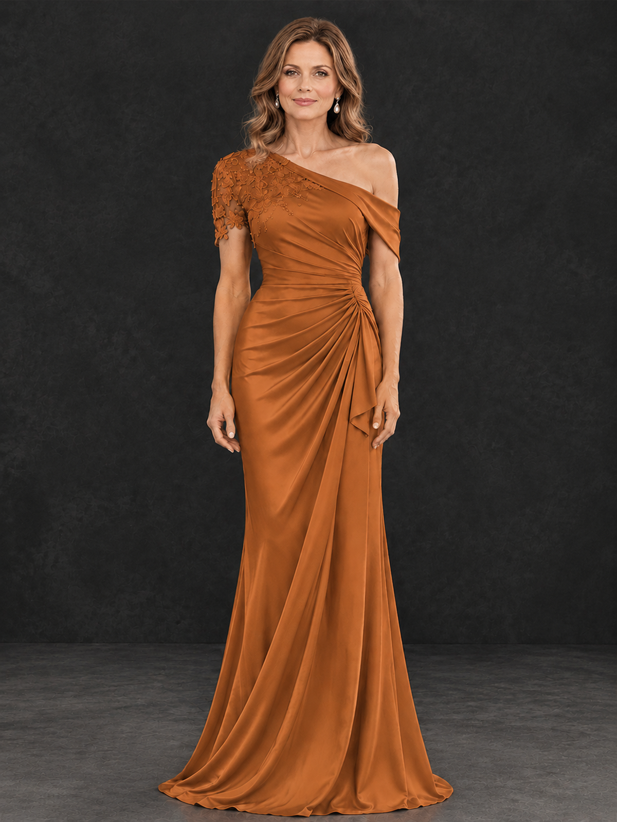 BOLODOO Burnt Orange Asymmetric Satin Mother of the Bride Dress with Lace Sleeve - Burnt Orange - Burnt Orange (1)