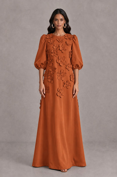 BOLODOO Burnt Orange Floral Applique Puff Sleeve A-Line Evening Dress - Burnt Orange - Burnt Orange (1)