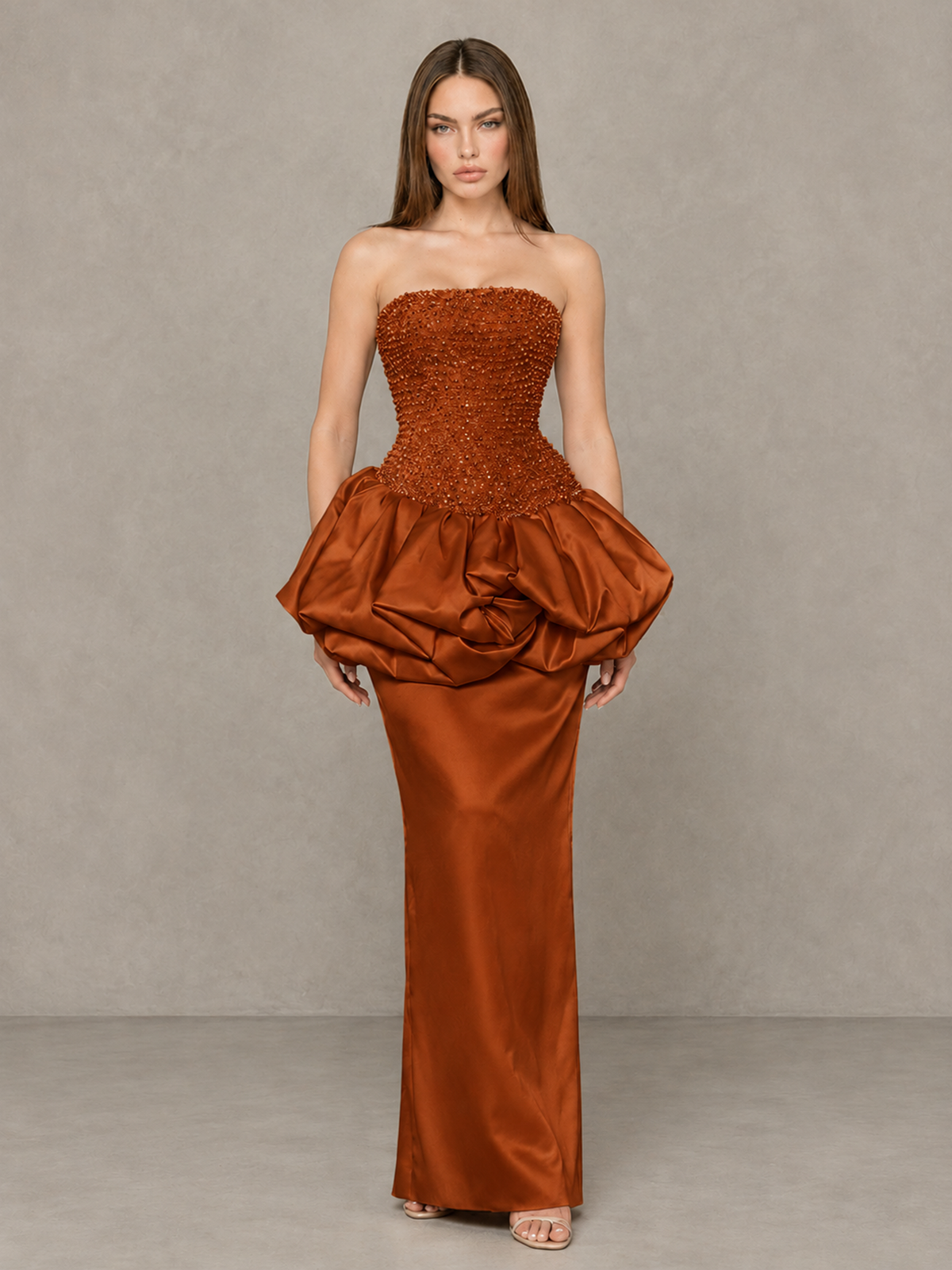 BOLODOO Burnt Orange Strapless Embellished Bubble Peplum Evening Dress - Burnt Orange - Burnt Orange (1)