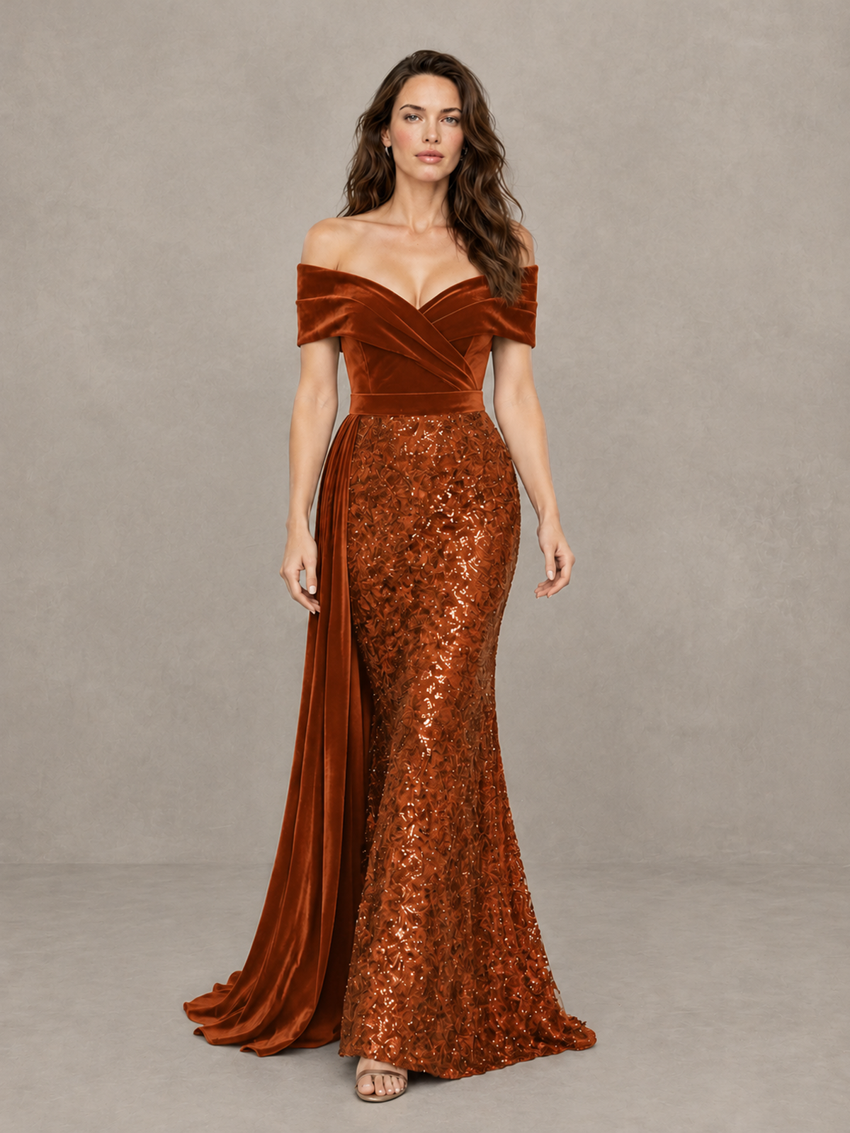 BOLODOO Burnt Orange Off-Shoulder Velvet & Sequin Evening Gown with Side Train - Burnt Orange - Burnt Orange (1)