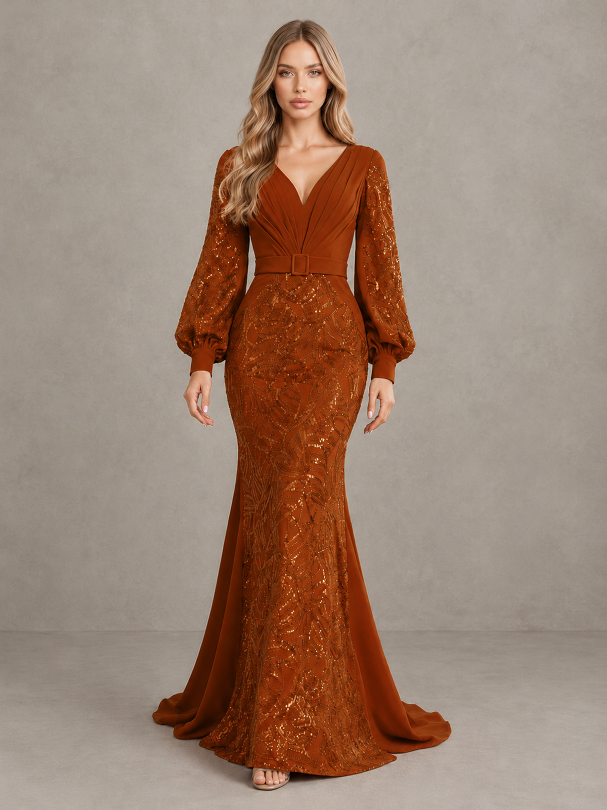 BOLODOO Burnt Orange Sequin Long Bishop Sleeve Mermaid Evening Dress - Burnt Orange - Burnt Orange (1)