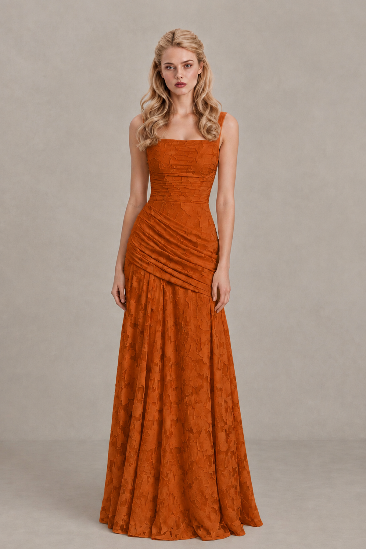 BOLODOO Burnt Orange Ruched Floral Maxi Dress with Lace-Up Back - Burnt Orange