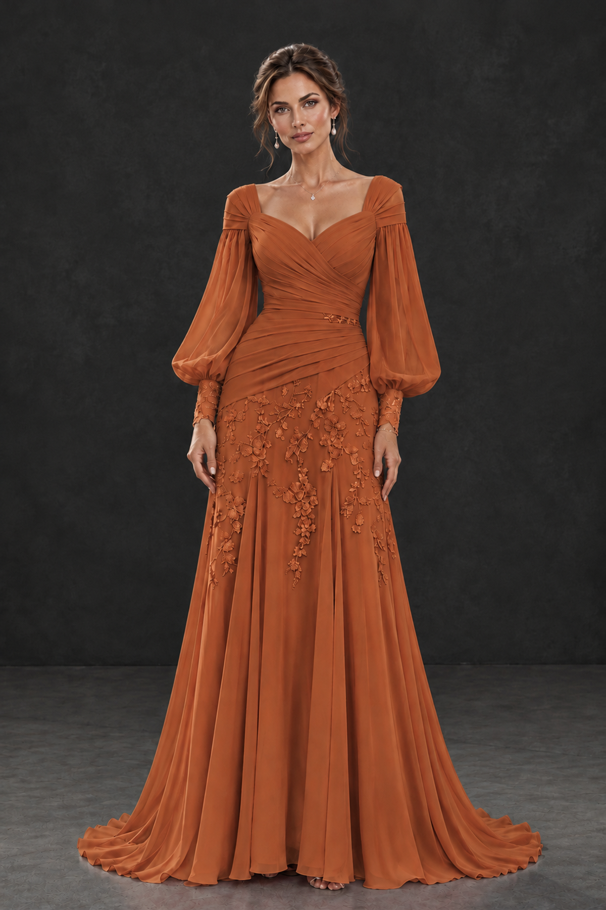 BOLODOO Burnt Orange Long Sleeve Mother of the Bride Dress with Floral Appliqués - Burnt Orange - Burnt Orange (1)