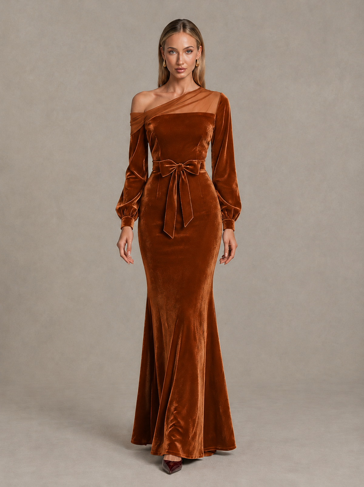 BOLODOO Burnt Orange Velvet Mermaid Evening Dress with Long Sleeves - Burnt Orange - Burnt Orange (1)