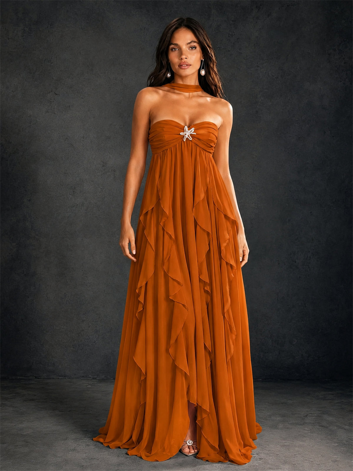 BOLODOO Burnt Orange Halter Neck Cascading Ruffle Chiffon Maxi Dress | Keyhole Open Back - Burnt Orange