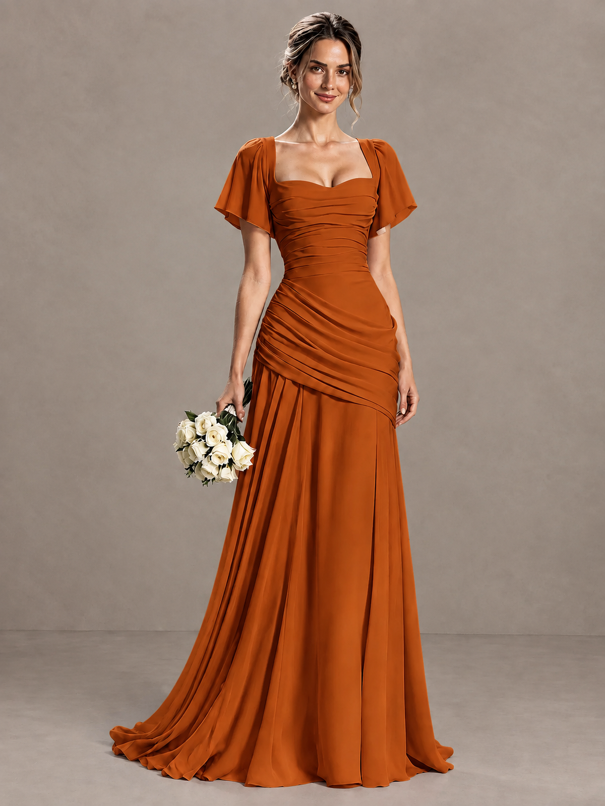 BOLODOO Burnt Orange Flutter Sleeve Lace-Up Back Maxi Dress - Burnt Orange