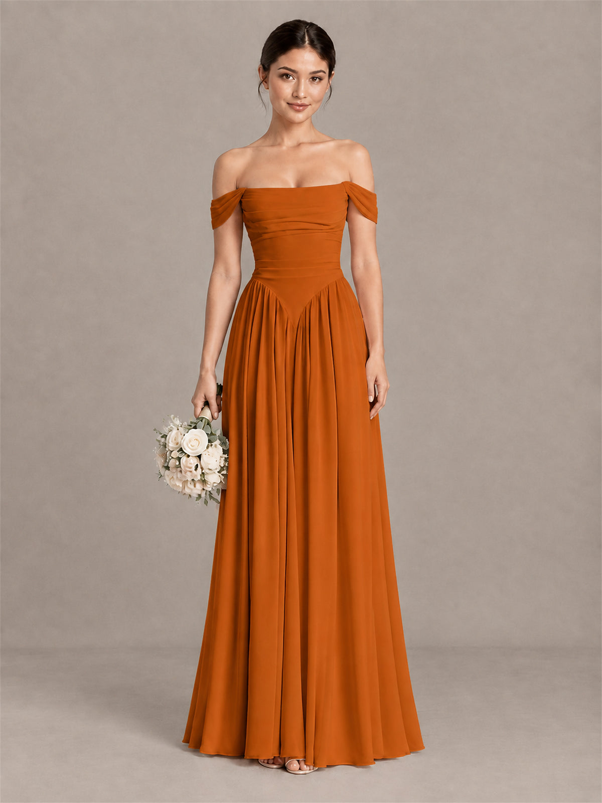 BOLODOO Burnt Orange Off-Shoulder Chiffon A-Line Bridesmaid Dress - Burnt Orange