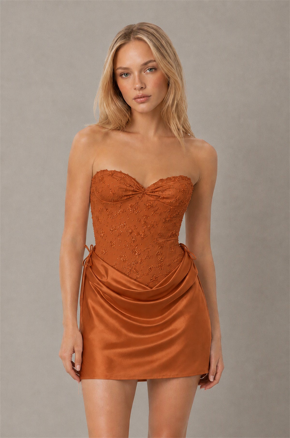 BOLODOO Burnt Orange Lace Corset Strapless Sweetheart Satin Mini Dress with Open Back - Burnt Orange