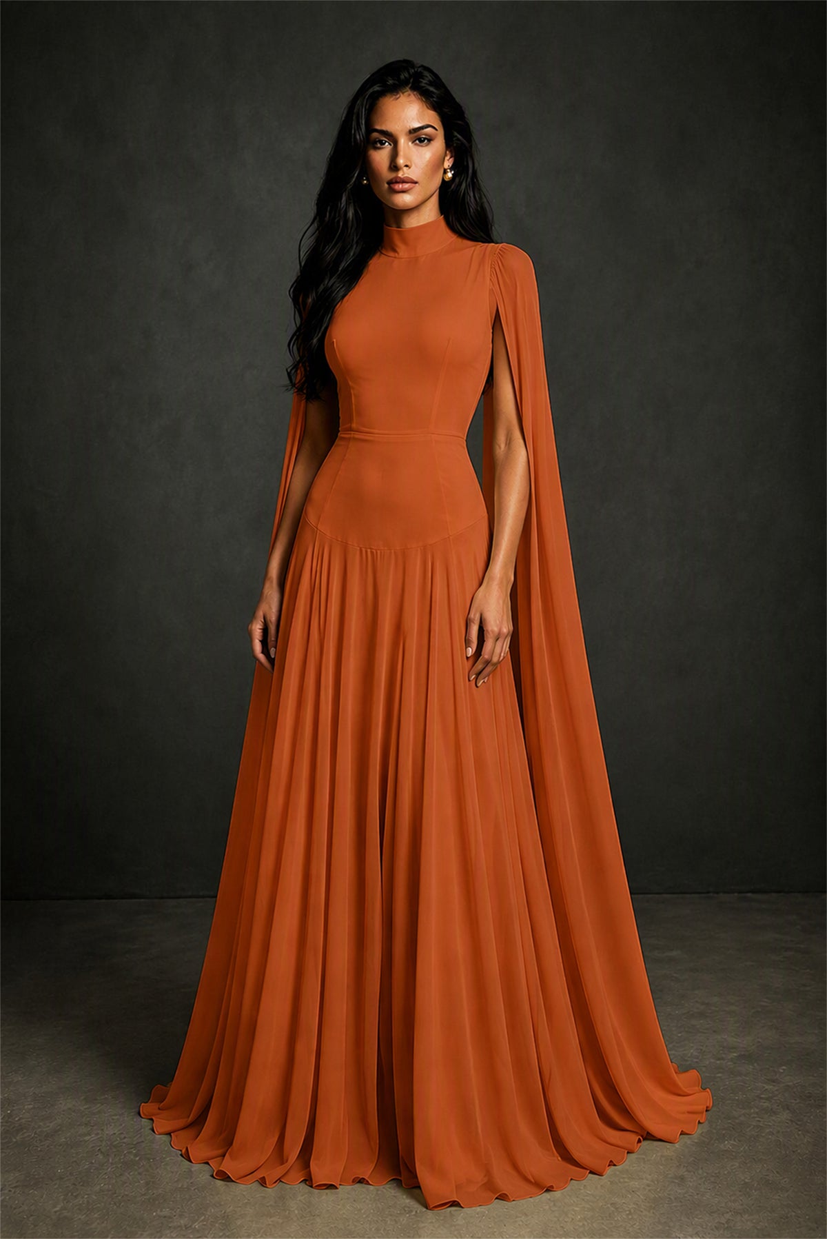 BOLODOO Burnt Orange Mock Neck Cape Sleeve A-Line Chiffon Maxi Dress - Burnt Orange