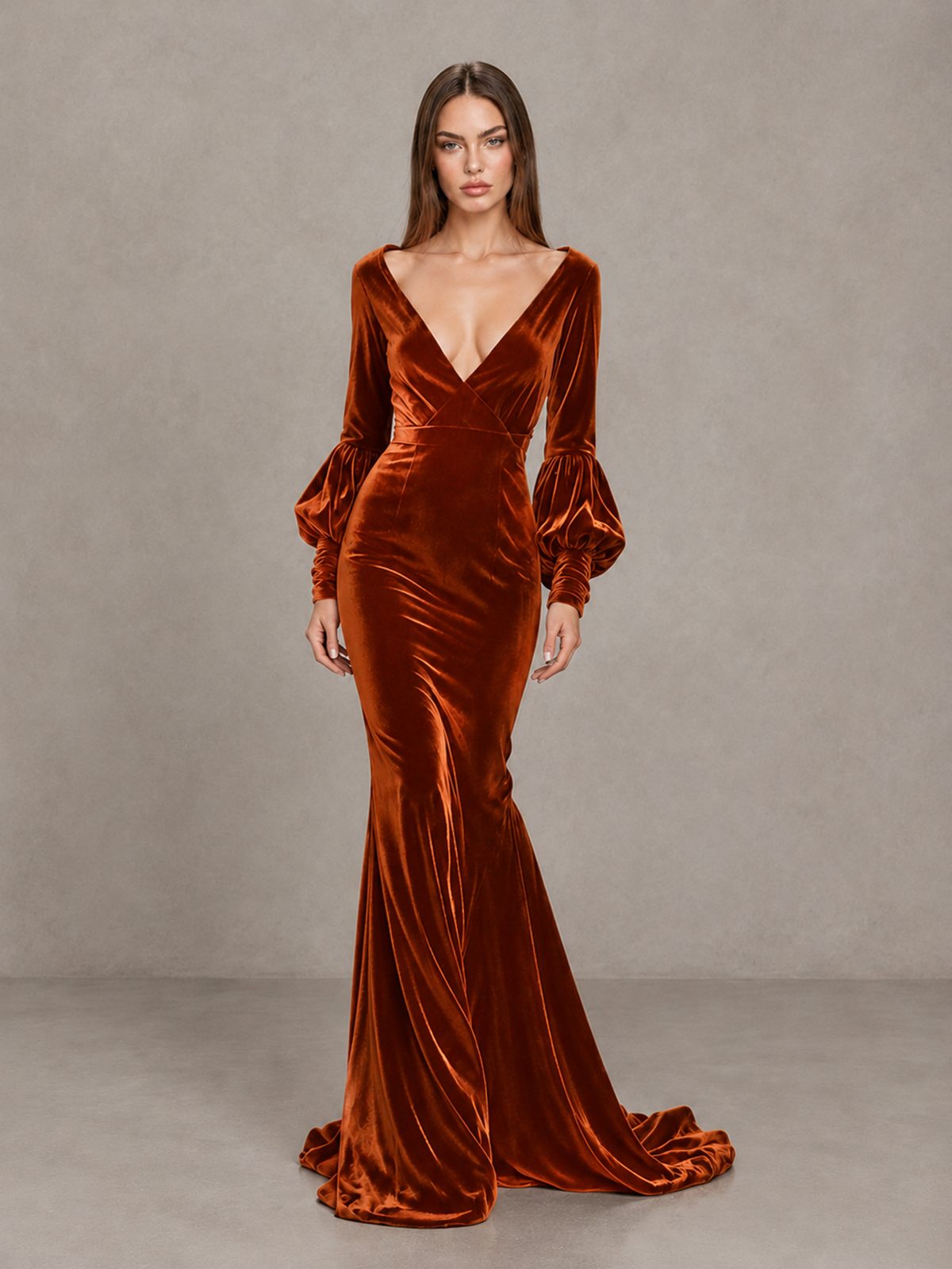 BOLODOO Burnt Orange Velvet V-Neck Long Sleeve Open Back Mermaid Evening Gown - Burnt Orange - Burnt Orange (1)