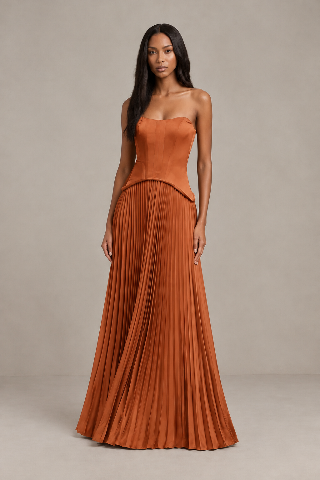 BOLODOO Burnt Orange Strapless Pleated Satin Evening Prom Dress - Burnt Orange