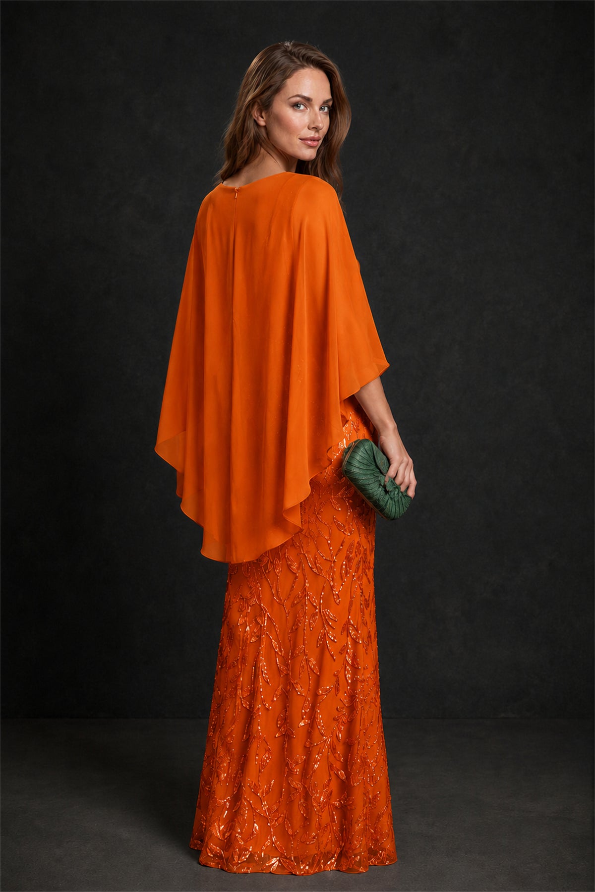 BOLODOO Burnt Orange Round Neck Chiffon Cape Overlay Sequin Lace Mermaid Maxi Dress - Burnt Orange