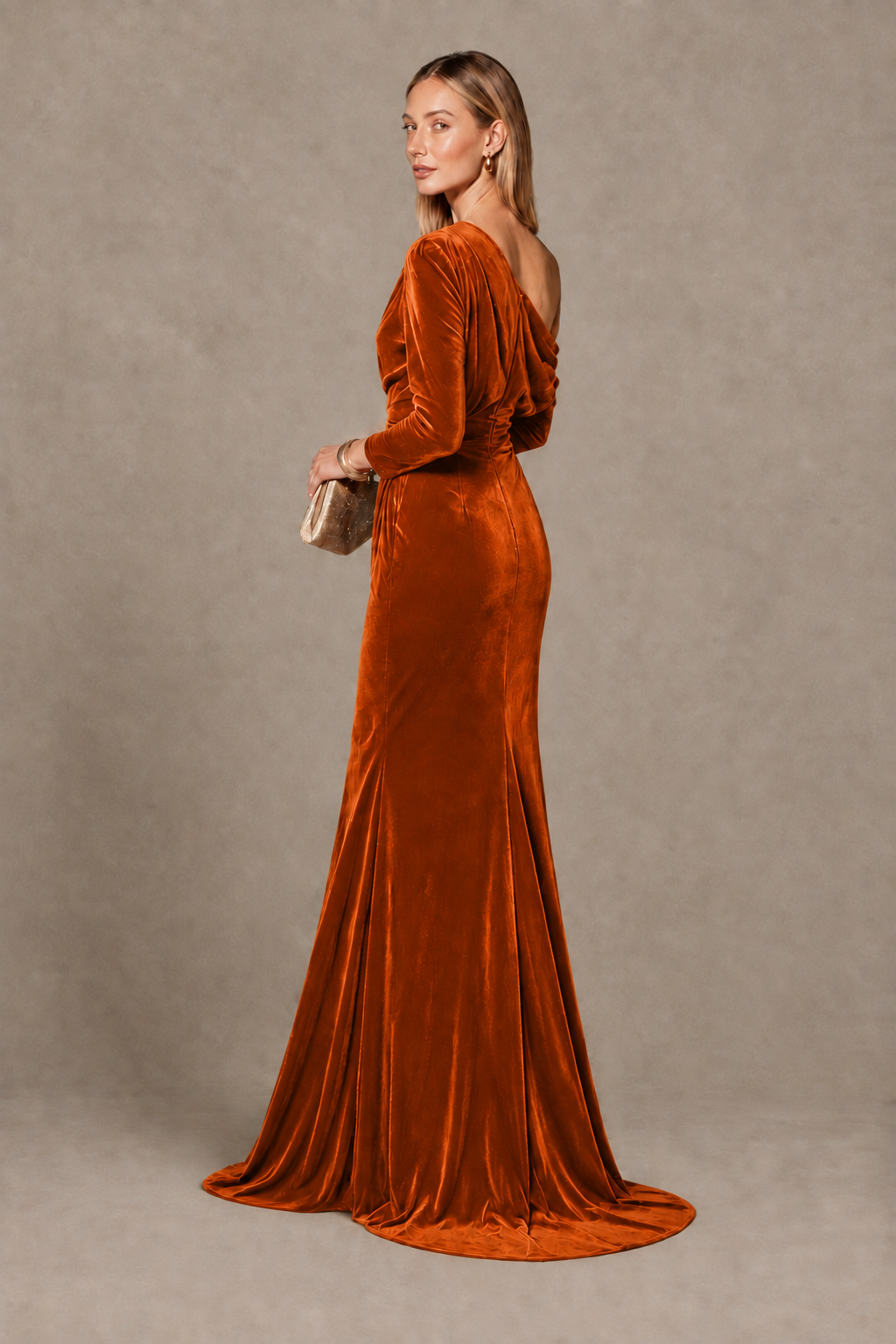 BOLODOO Burnt Orange Velvet One-Shoulder Long Sleeve Evening Gown - Burnt Orange