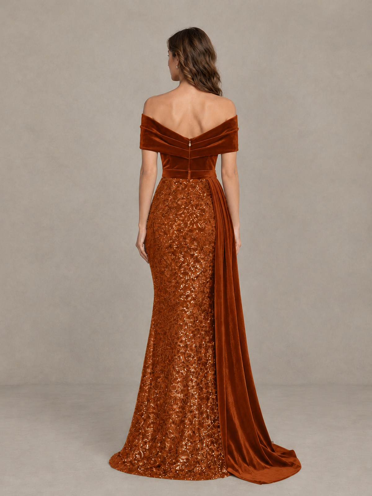 BOLODOO Burnt Orange Off-Shoulder Velvet & Sequin Evening Gown with Side Train - Burnt Orange - Burnt Orange (2)
