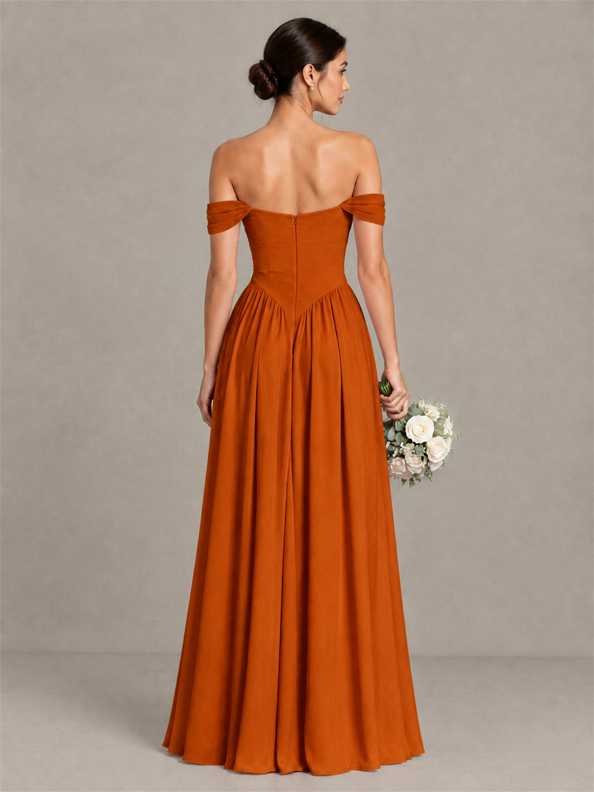 BOLODOO Burnt Orange Off-Shoulder Chiffon A-Line Bridesmaid Dress - Burnt Orange