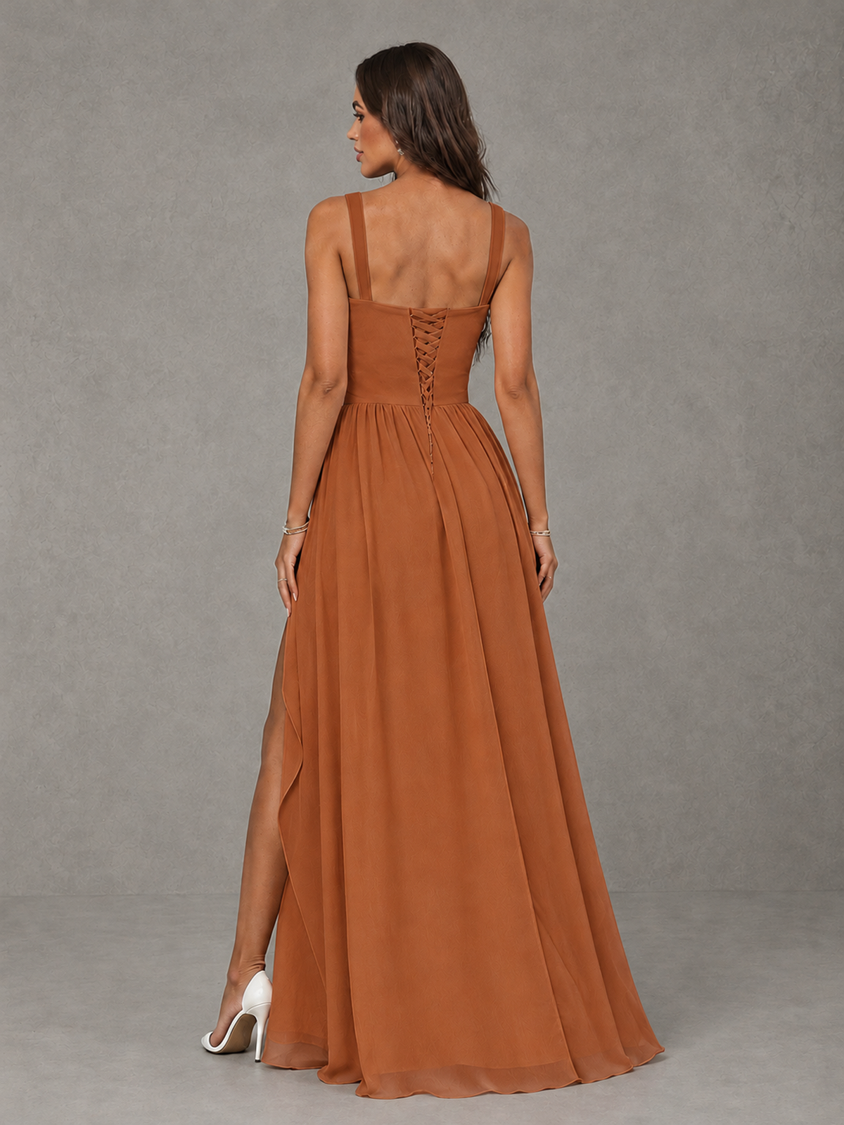 BOLODOO Burnt Orange A-Line Bridesmaid Dress with High Slit & Lace-Up Back - Burnt Orange - Burnt Orange (2)