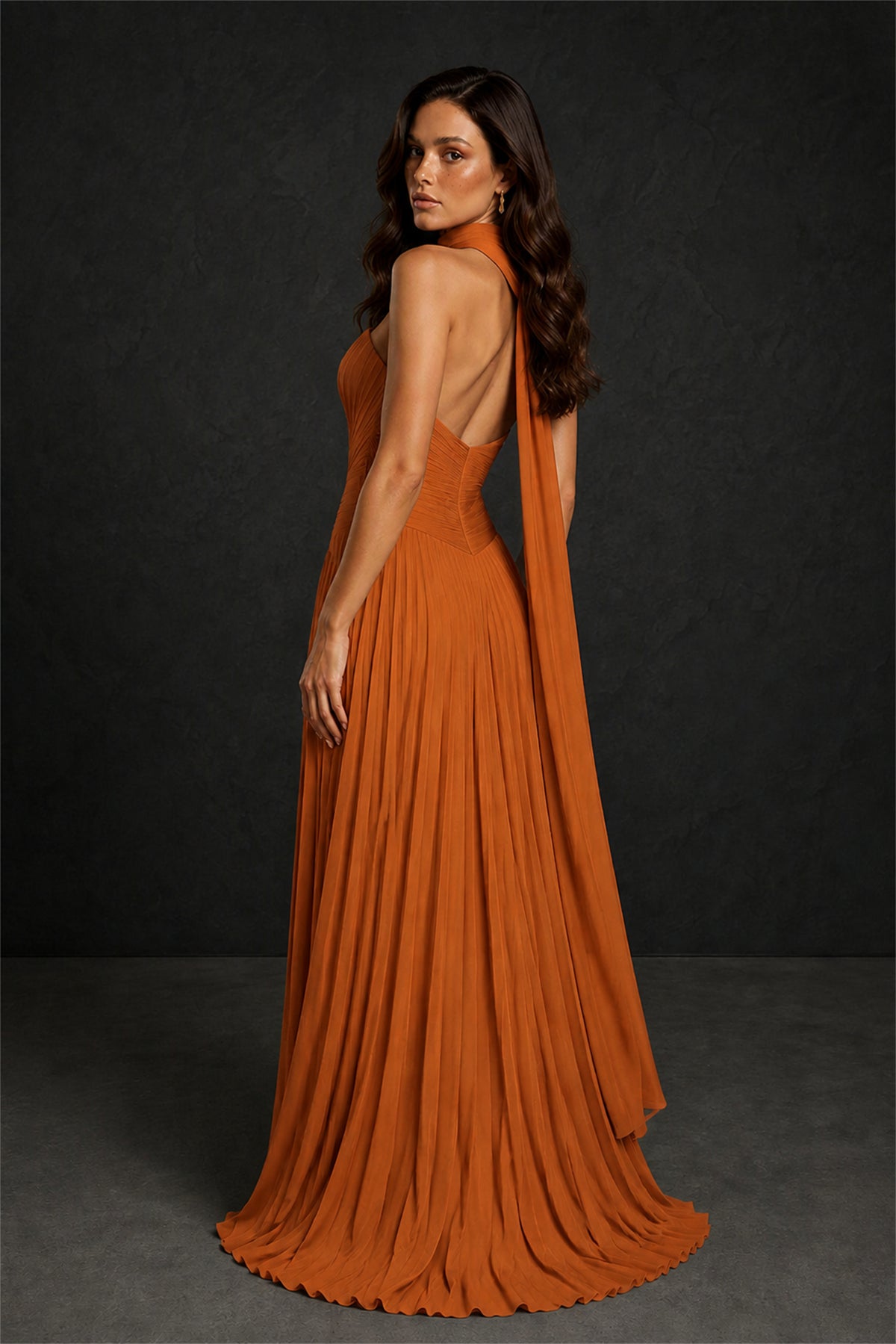 BOLODOO Burnt Orange Sweetheart Strapless Neck Scarf Pleated Backless A-Line Chiffon Maxi Dress - Burnt Orange