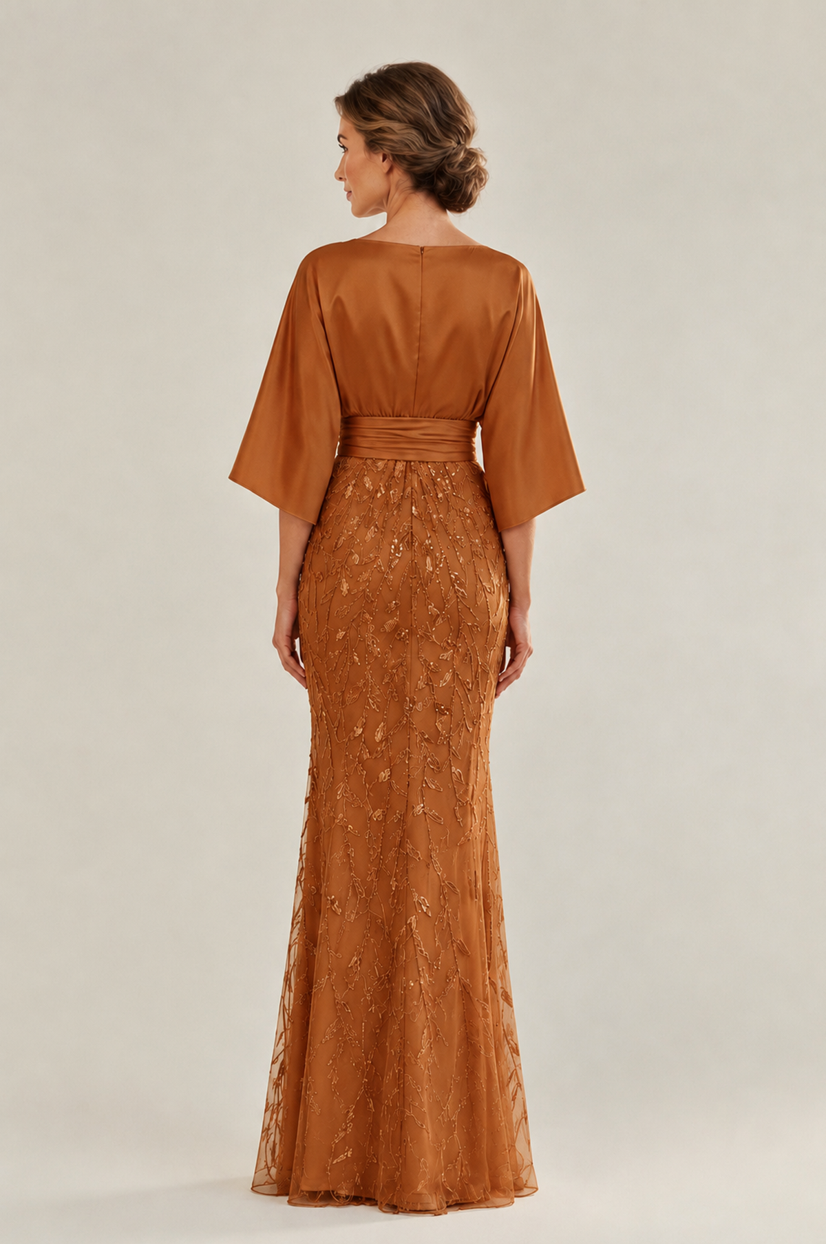 BOLODOO Burnt Orange Mother of the Bride Dress with Kimono Sleeves, Satin Bodice & Sequin Embroidered Mermaid Floor-Length Gown - Burnt Orange - Burnt Orange (2)