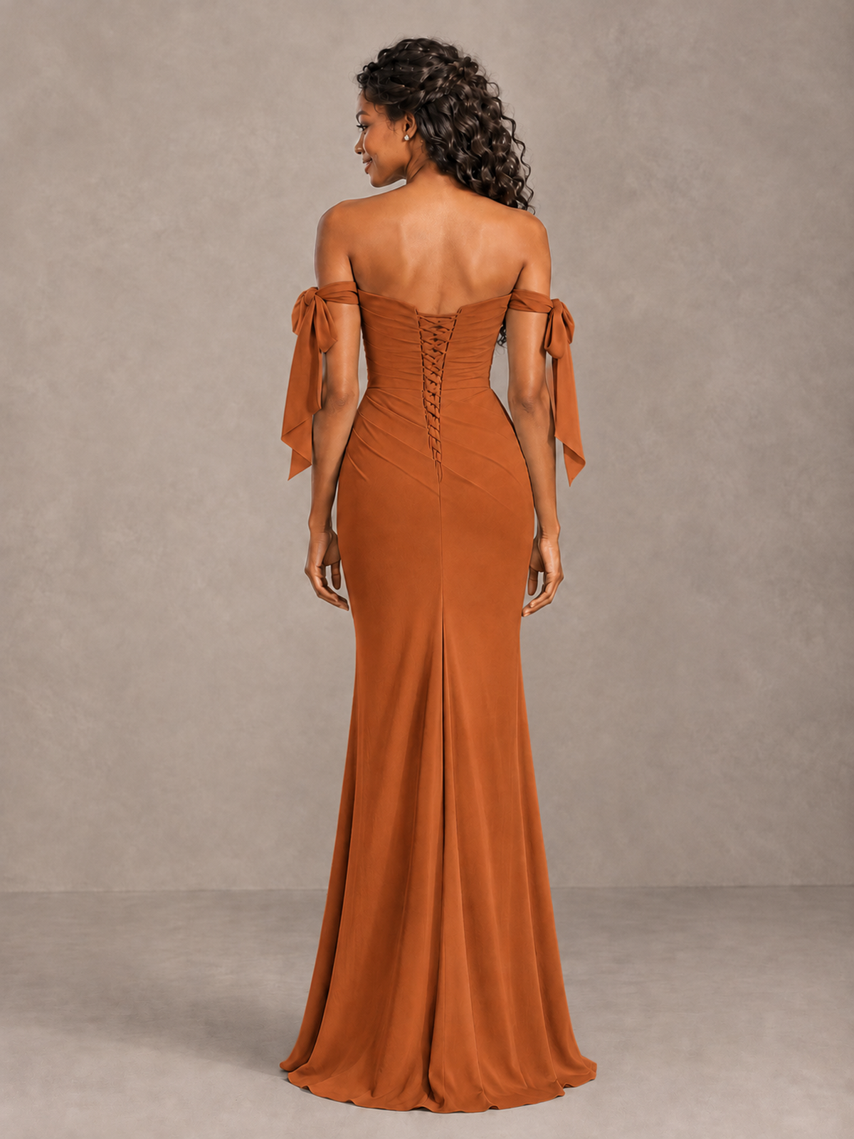 Burnt Orange Off-Shoulder Bow Bridesmaid Dress with Slit - Burnt Orange - Burnt Orange (2)