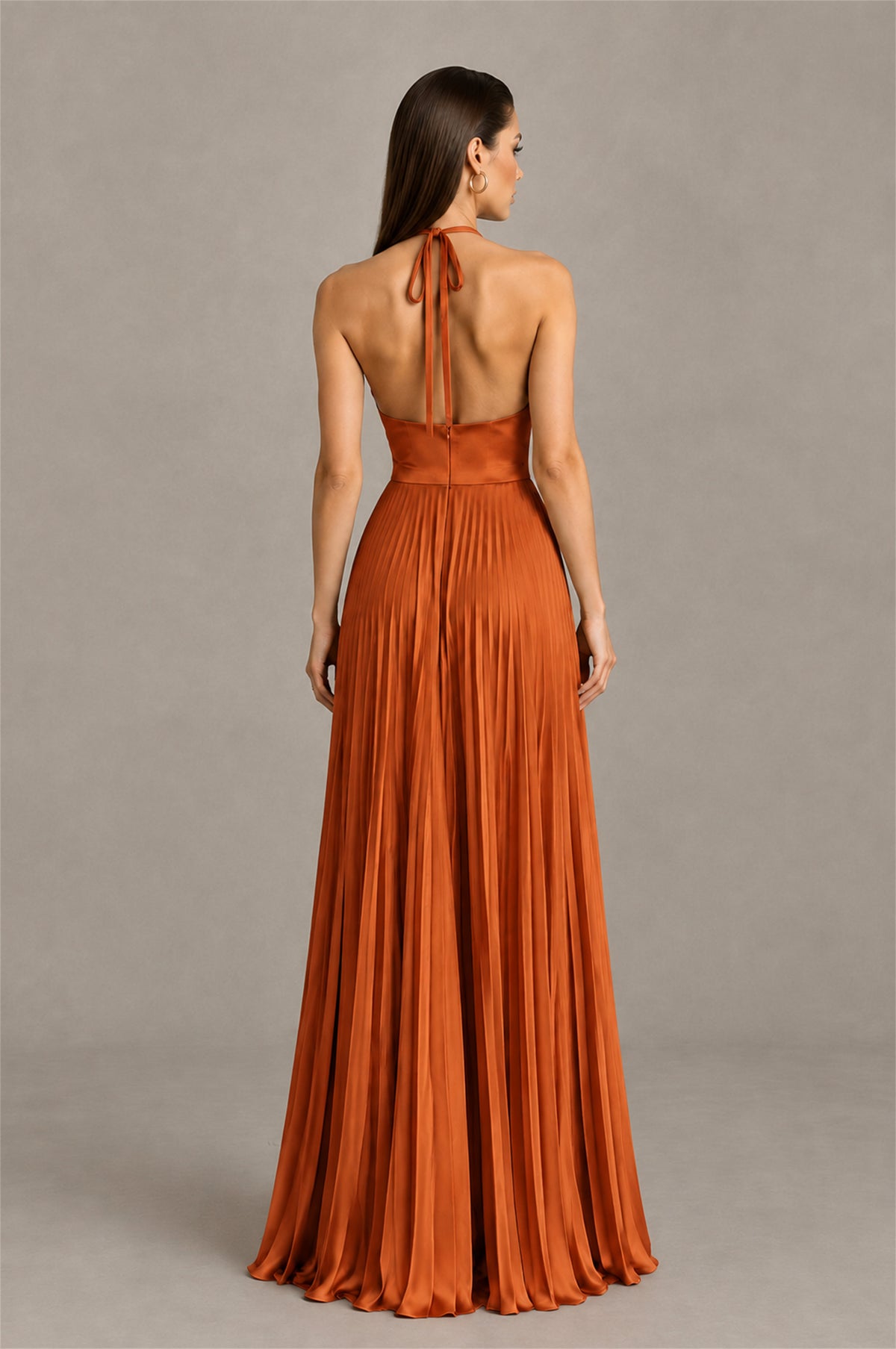 BOLODOO Burnt Orange Halter Pleated A-Line Evening Dress - Burnt Orange
