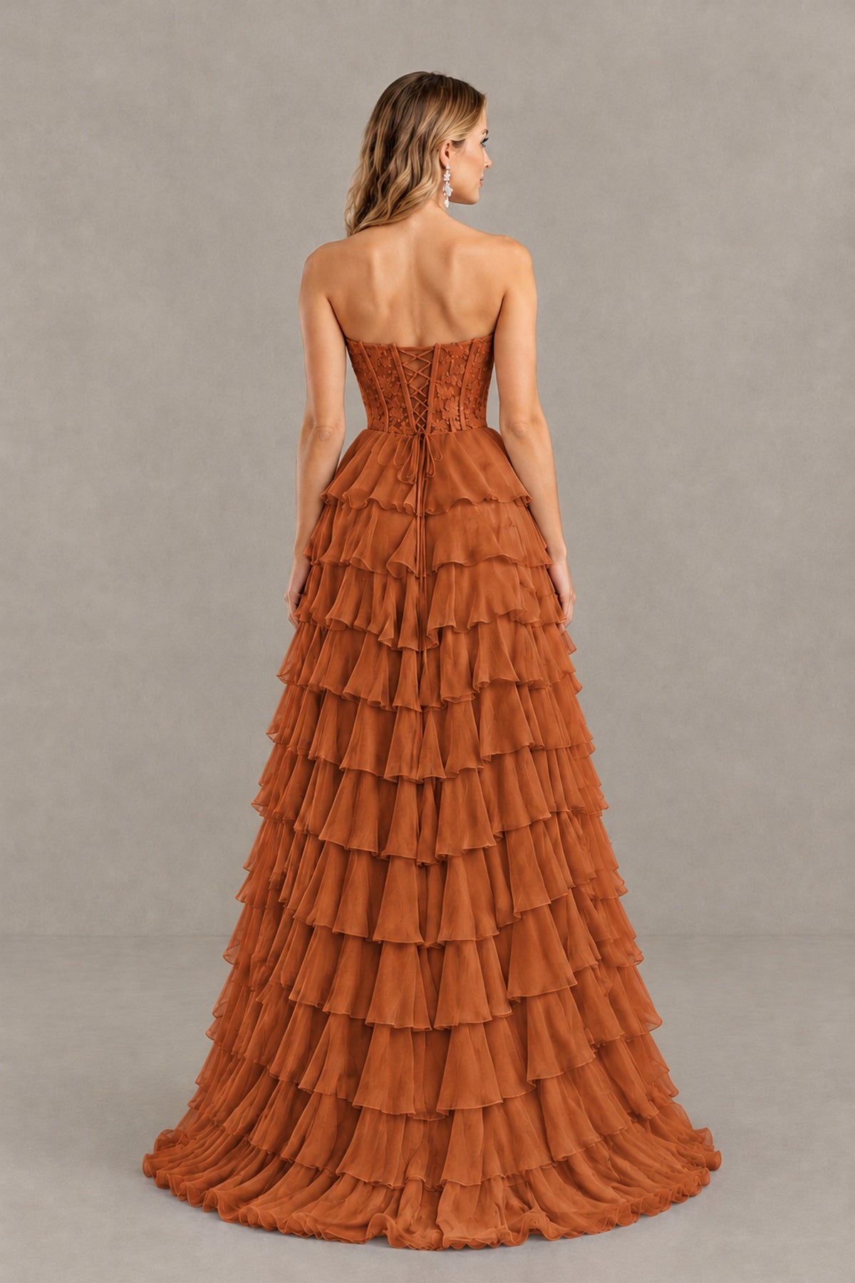 BOLODOO Burnt Orange Strapless Lace Corset Tiered Ruffle Prom Dress with Slit - Burnt Orange - Burnt Orange (2)