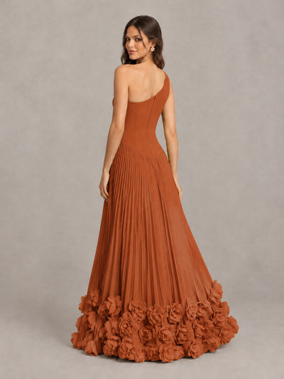 BOLODOO Burnt Orange One Shoulder Pleated Bridesmaid Dress with 3D Floral Hem and High Slit - Burnt Orange - Burnt Orange (2)