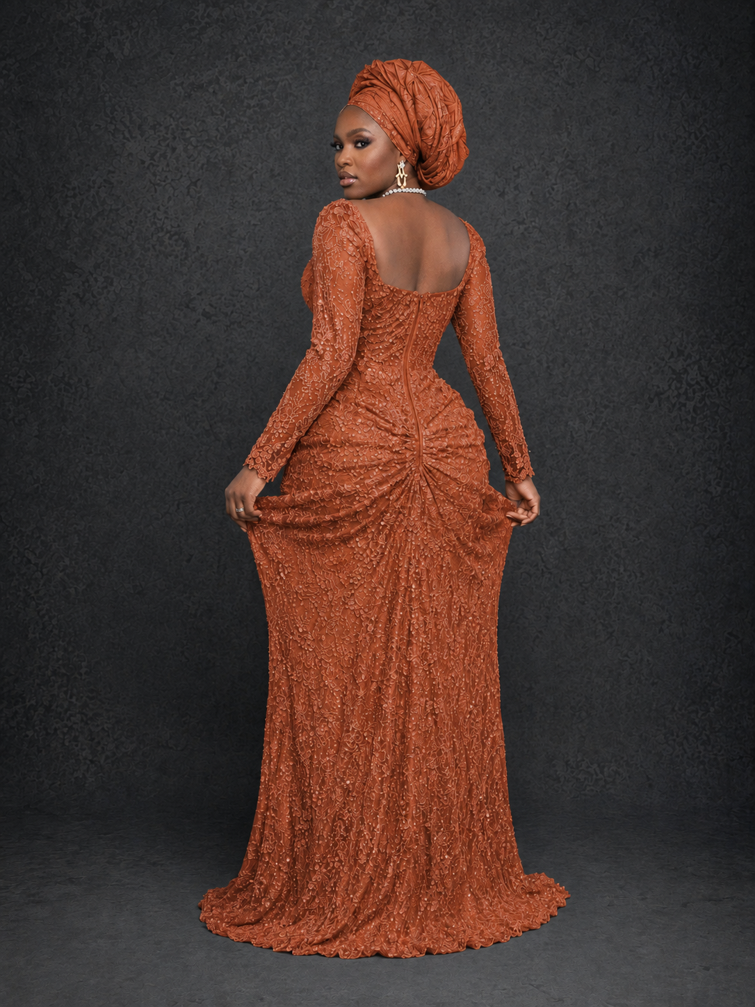 BOLODOO Burnt Orange Beaded Lace Long Sleeve Mermaid Gown Sweetheart | Mother of the Bride - Burnt Orange