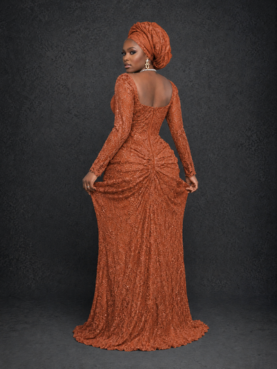 BOLODOO Burnt Orange Beaded Lace Long Sleeve Mermaid Gown Sweetheart | Mother of the Bride - Burnt Orange