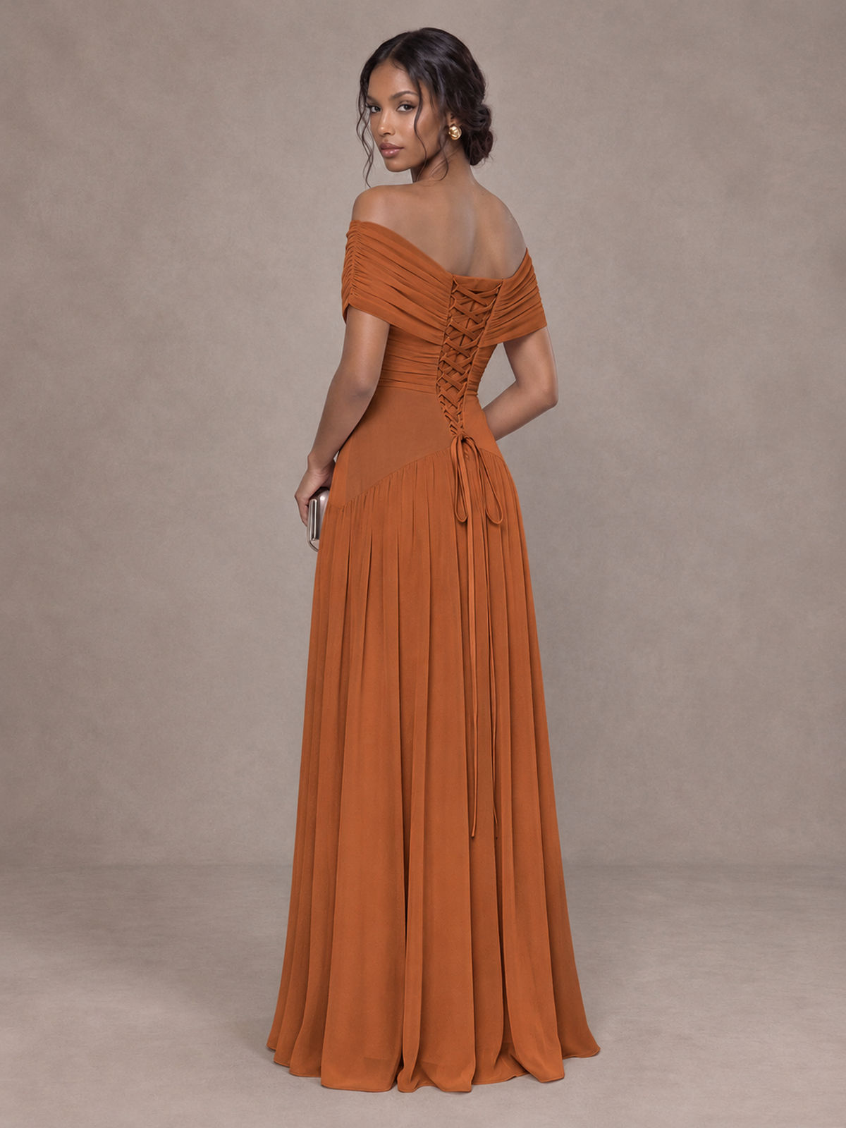 BOLODOO Burnt Orange Off-Shoulder Ruched A-Line Bridesmaid Dress - Burnt Orange - Burnt Orange (2)
