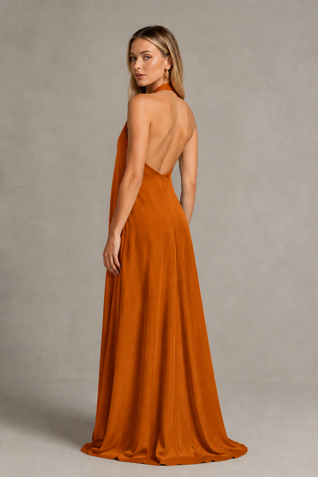 BOLODOO Burnt Orange Backless Halter Satin Bridesmaid Dress - Burnt Orange