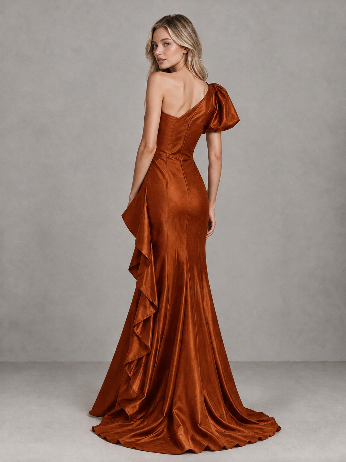 BOLODOO Burnt Orange One-Shoulder Satin-Look Mermaid Evening Dress with Ruffles - Burnt Orange - Burnt Orange (2)