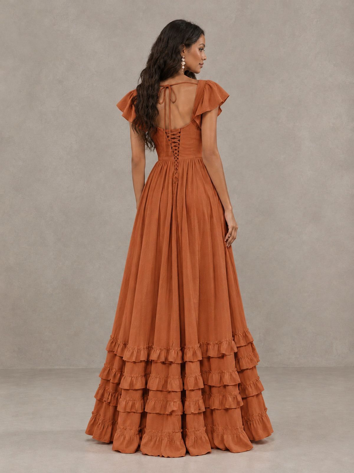 BOLODOO Burnt Orange Flutter Sleeve Ruffle Bridesmaid Dress with Slit - Burnt Orange - Burnt Orange (2)