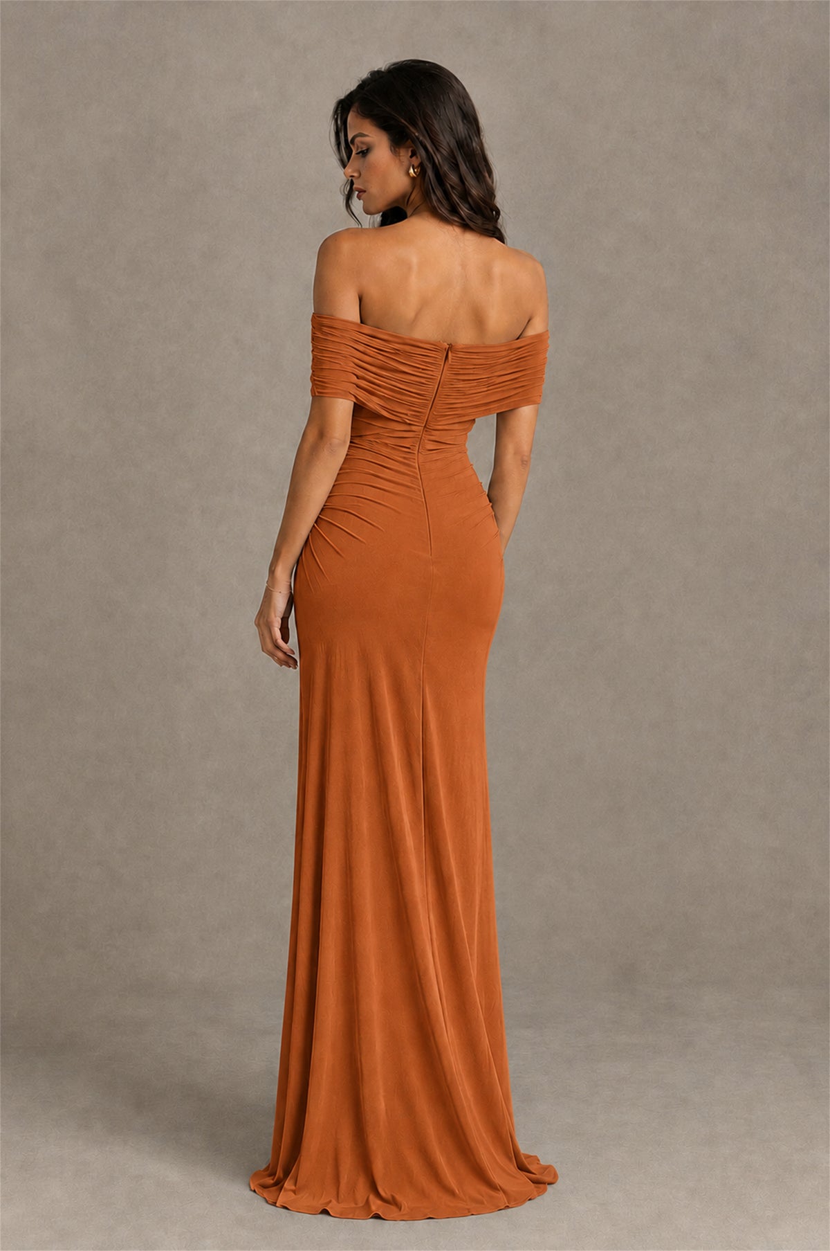 BOLODOO Burnt Orange Off-Shoulder Ruched Maxi Dress - Burnt Orange