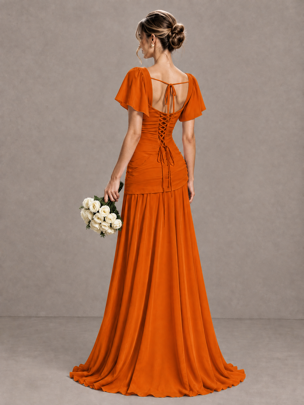 BOLODOO Burnt Orange Flutter Sleeve Lace-Up Back Maxi Dress - Burnt Orange