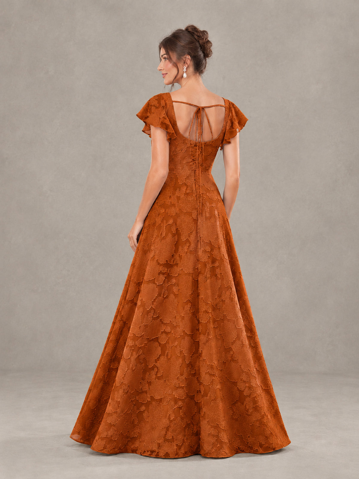 BOLODOO Burnt Orange Floral Flutter Sleeve Bridesmaid Dress with Slit - Burnt Orange - Burnt Orange (2)