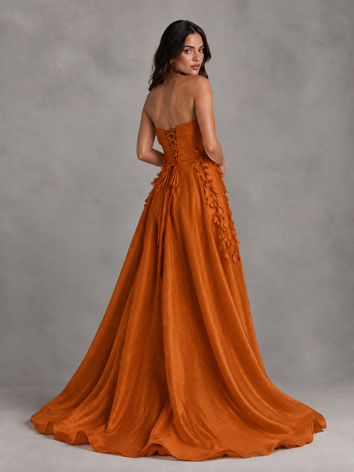BOLODOO Burnt Orange Strapless Floral Applique Prom Dress with Overskirt - Burnt Orange - Burnt Orange (2)