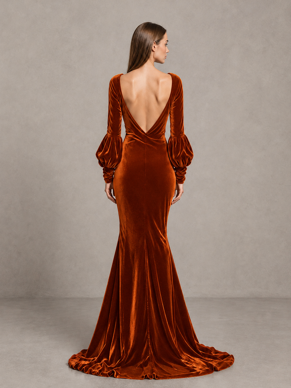 BOLODOO Burnt Orange Velvet V-Neck Long Sleeve Open Back Mermaid Evening Gown - Burnt Orange - Burnt Orange (2)