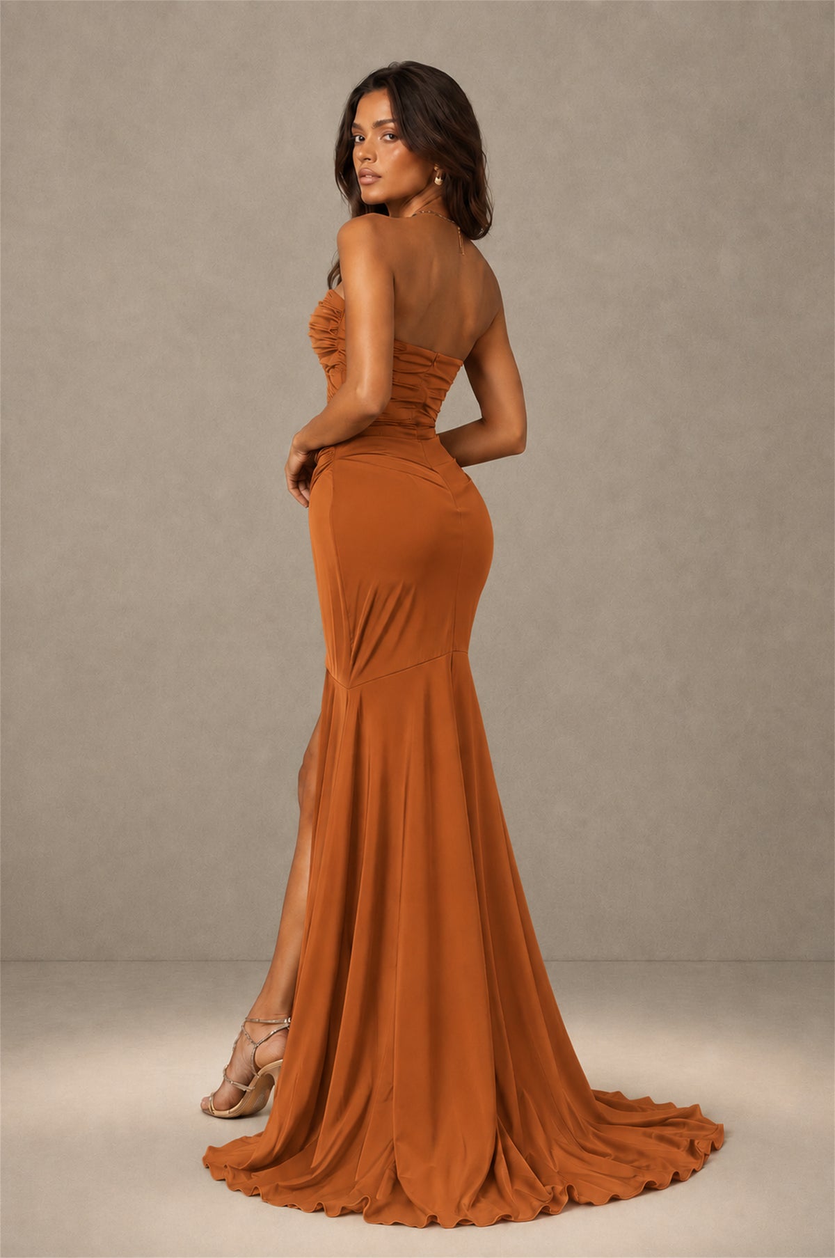 BOLODOO Burnt Orange Brown Stretch Satin Sweetheart Strapless Ruched Open Back High Slit Mermaid Maxi Dress - Burnt Orange