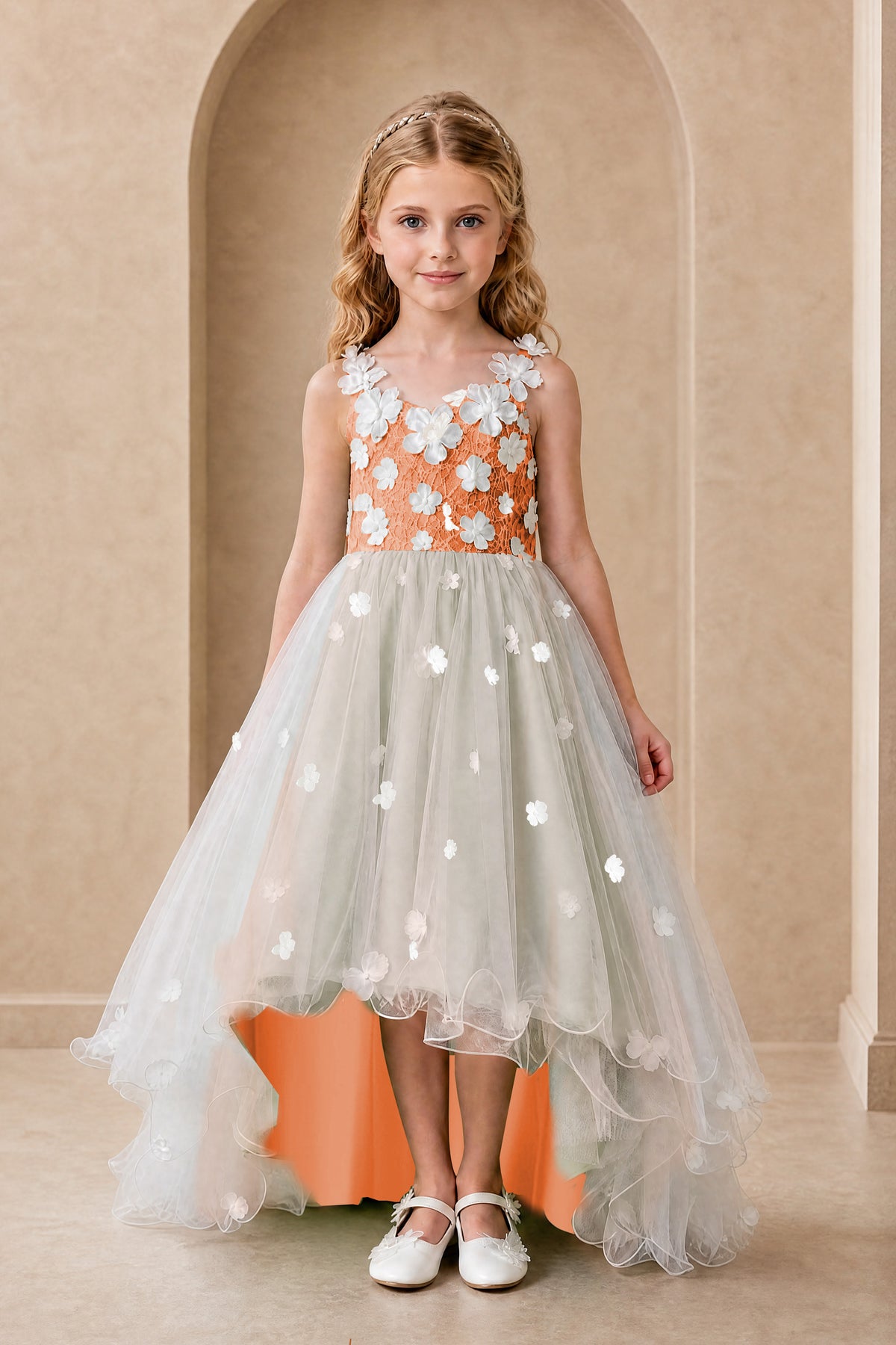BOLODOO Burnt Orange Flower Girl Dress with Floral Appliqué and High-Low Tulle Skirt - Burnt Orange