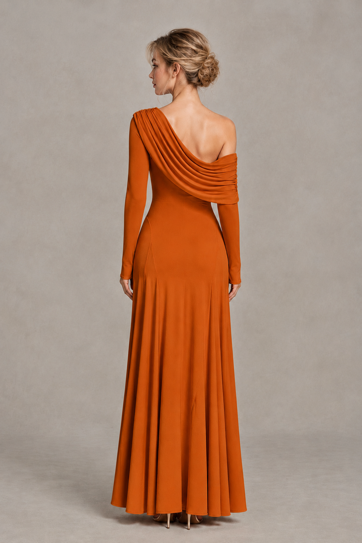 BOLODOO Burnt Orange Asymmetric Draped Long Sleeve Evening Gown - Burnt Orange