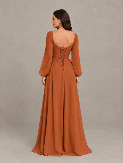 BOLODOO Burnt Orange Long Sleeve Chiffon Bridesmaid Dress with Slit - Burnt Orange - Burnt Orange (2)