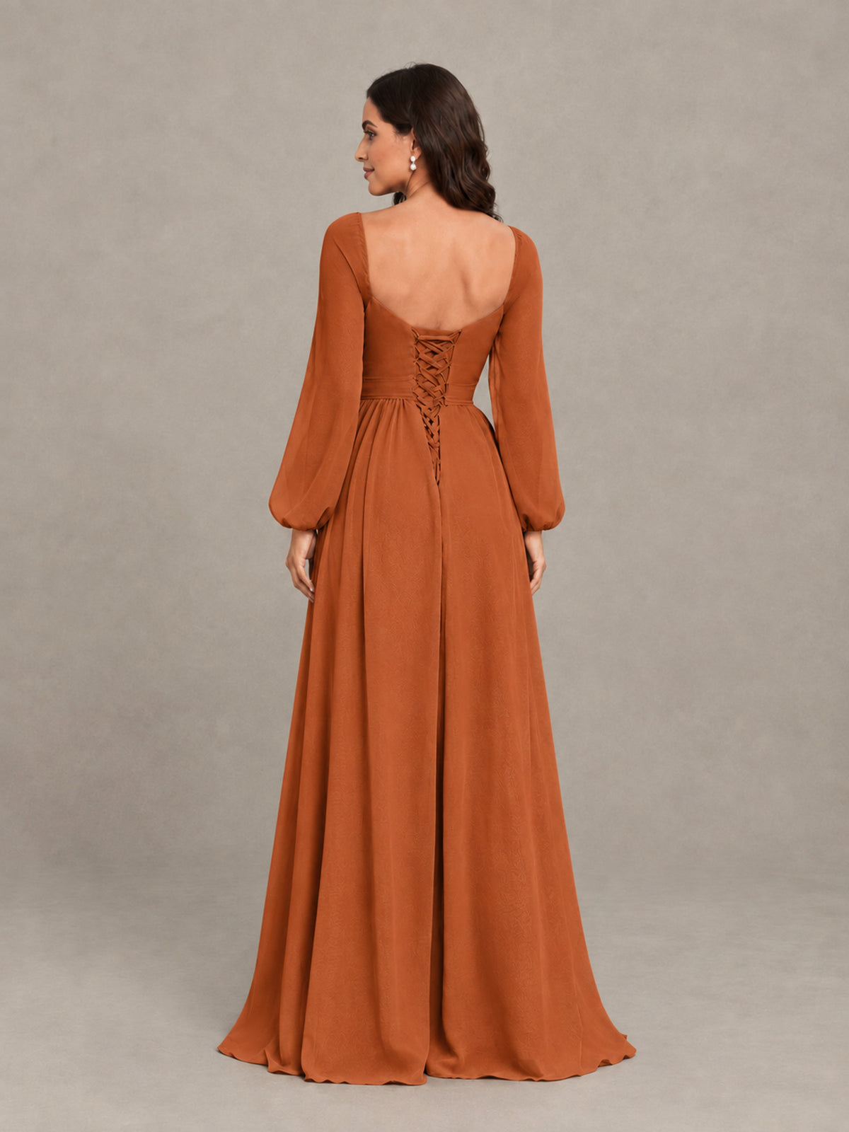 BOLODOO Burnt Orange Long Sleeve Chiffon Bridesmaid Dress with Slit - Burnt Orange - Burnt Orange (2)