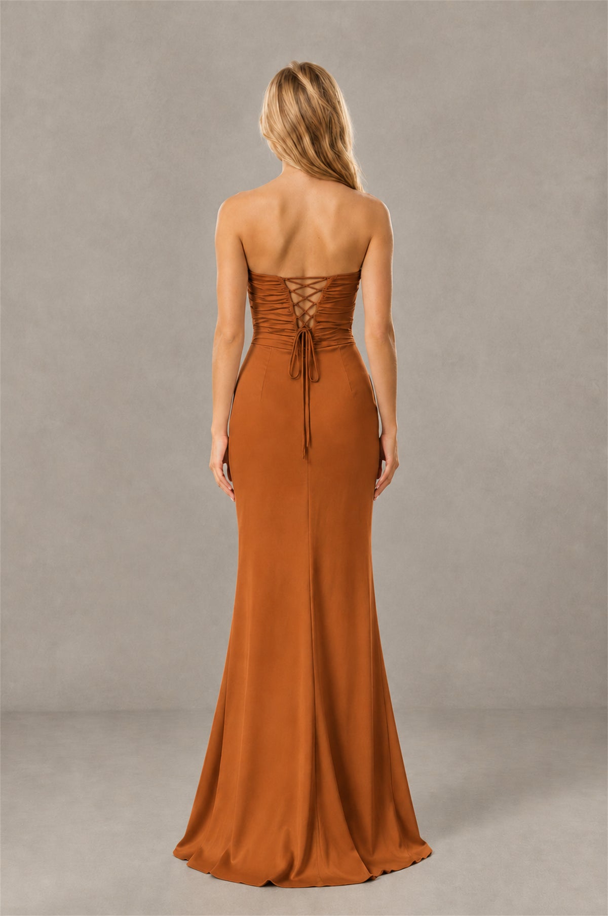 BOLODOO Burnt Orange Sweetheart Strapless Twist Knot Cutout Lace-Up Back Satin Mermaid Maxi Dress - Burnt Orange - Burnt Orange (2)