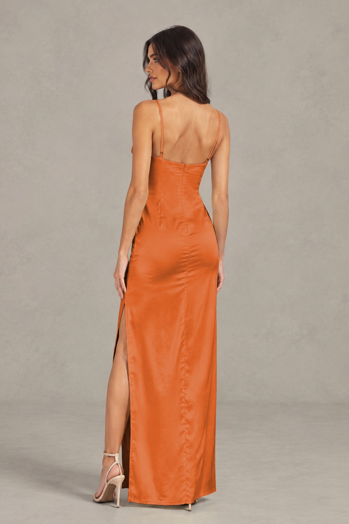 BOLODOO Burnt Orange Satin Cowl Neck Open Back Mermaid Maxi Dress with Side Slit - Burnt Orange