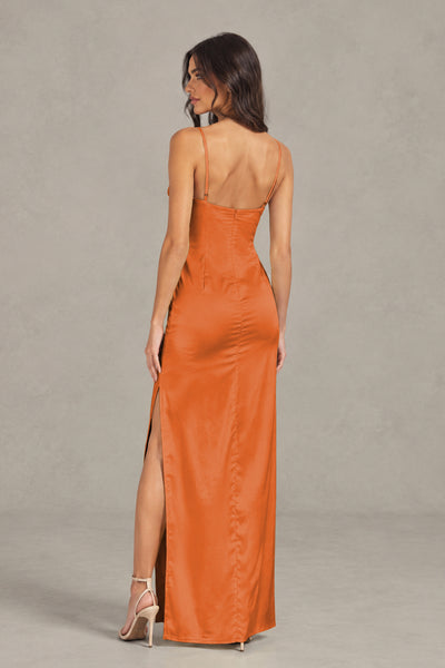 BOLODOO Burnt Orange Satin Cowl Neck Open Back Mermaid Maxi Dress with Side Slit - Burnt Orange