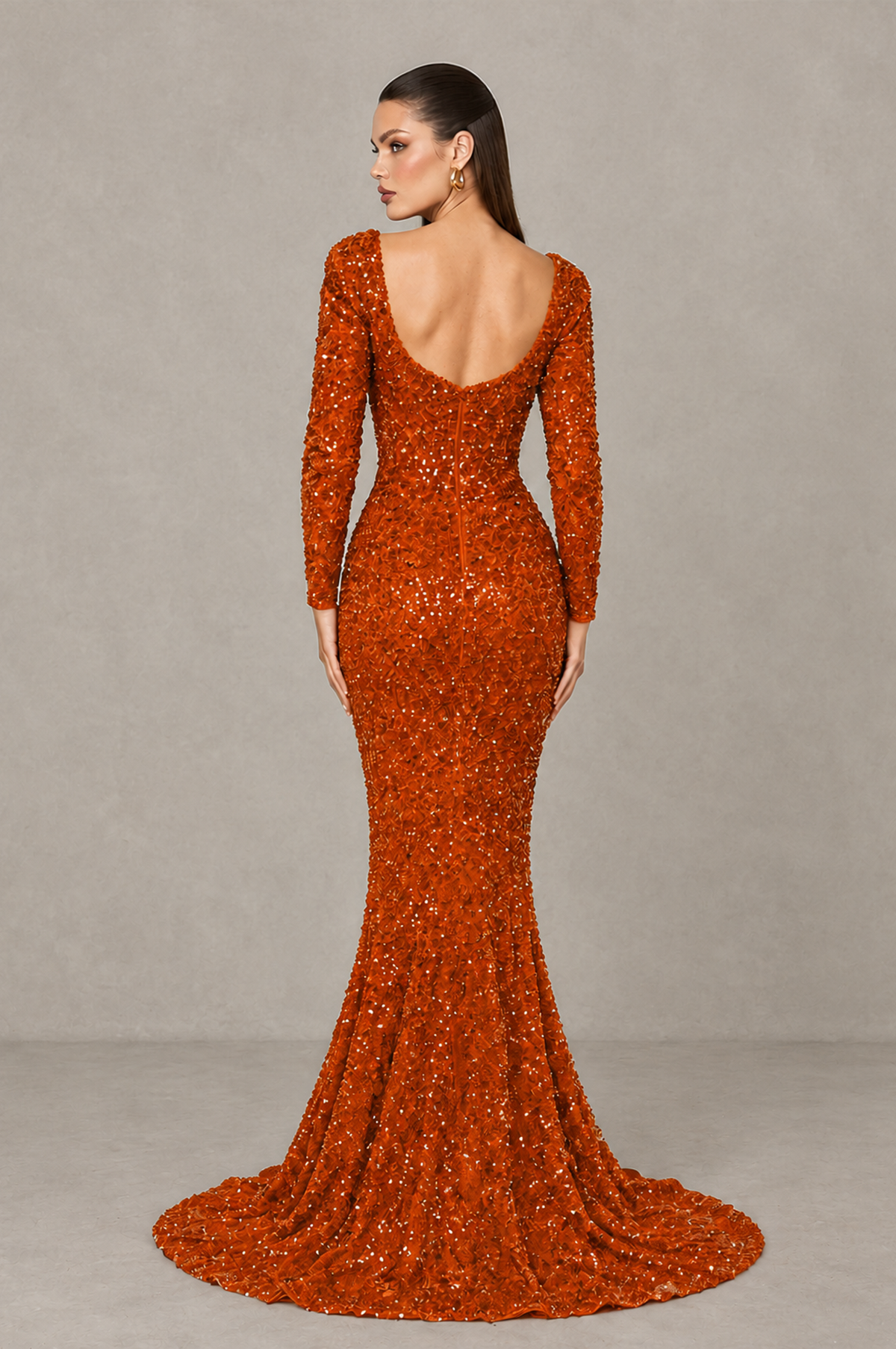 BOLODOO Burnt Orange Sequin Long Sleeve Evening Gown with High Slit - Burnt Orange - Burnt Orange (2)