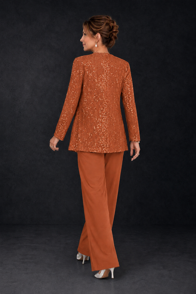 BOLODOO Burnt Orange Sequin Lace 3-Piece Pant Suit with Long Sleeve Jacket - Burnt Orange - Burnt Orange (2)