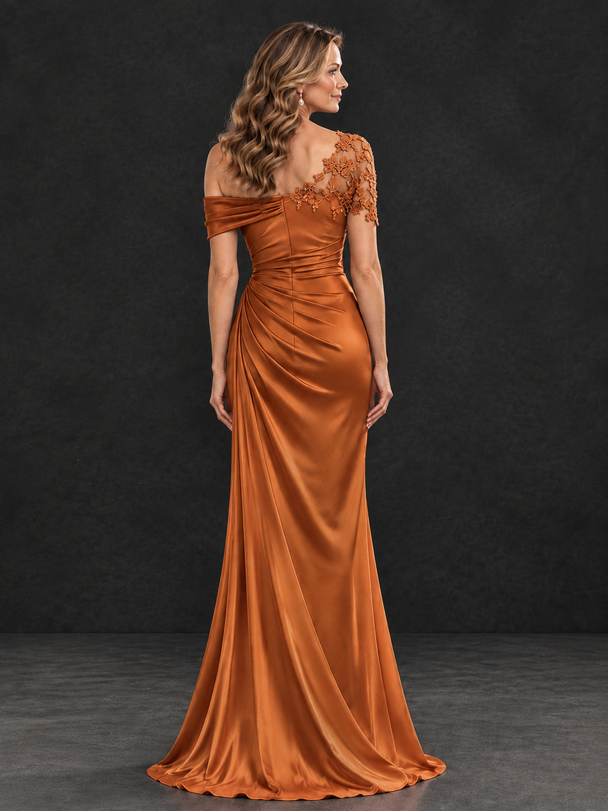 BOLODOO Burnt Orange Asymmetric Satin Mother of the Bride Dress with Lace Sleeve - Burnt Orange - Burnt Orange (2)