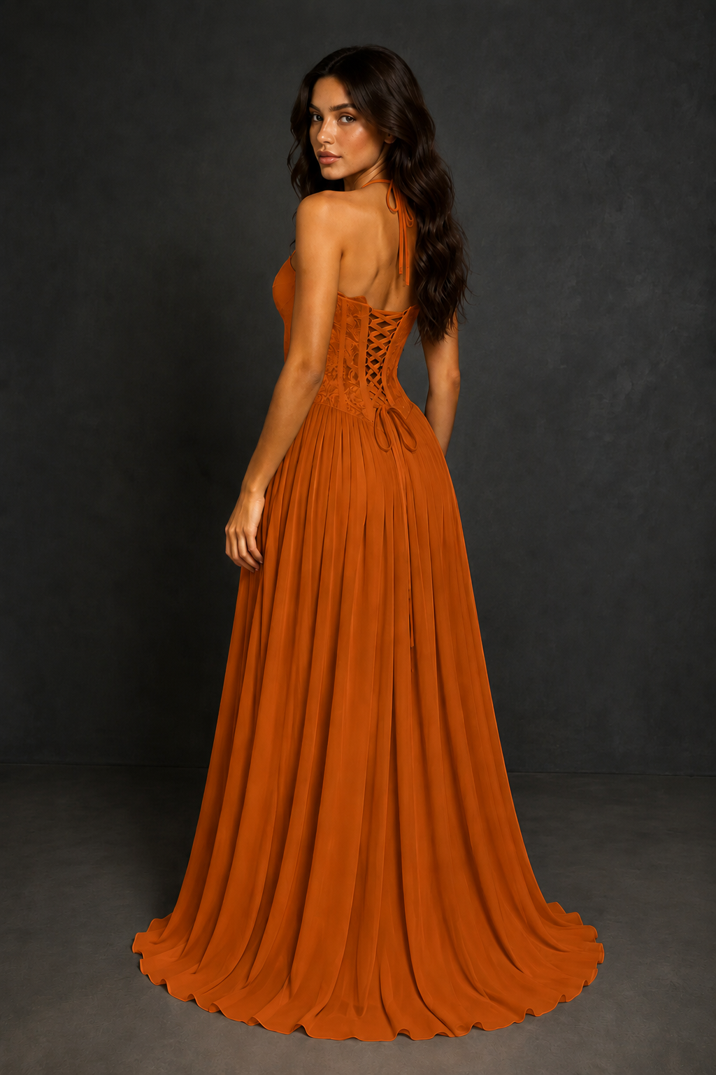 BOLODOO Burnt Orange Lace Corset Halter Maxi Gown – Backless A-Line Formal Dress - Burnt Orange