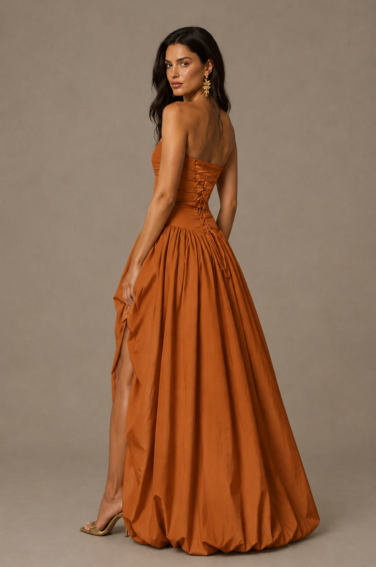 BOLODOO Burnt Orange Strapless Ruched Corset Lace-Up Back Bubble Skirt High Slit Taffeta Maxi Dress - Burnt Orange
